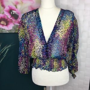 Sheer Crop V- Neck Print Top Sz XL